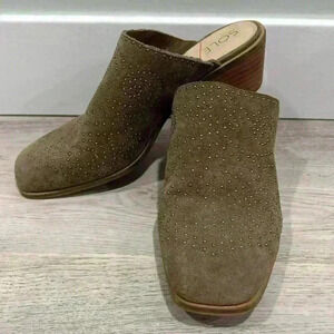 Sole Society Olive Brown Leather Suede Studded Slip On Heels Mules Size 8.5